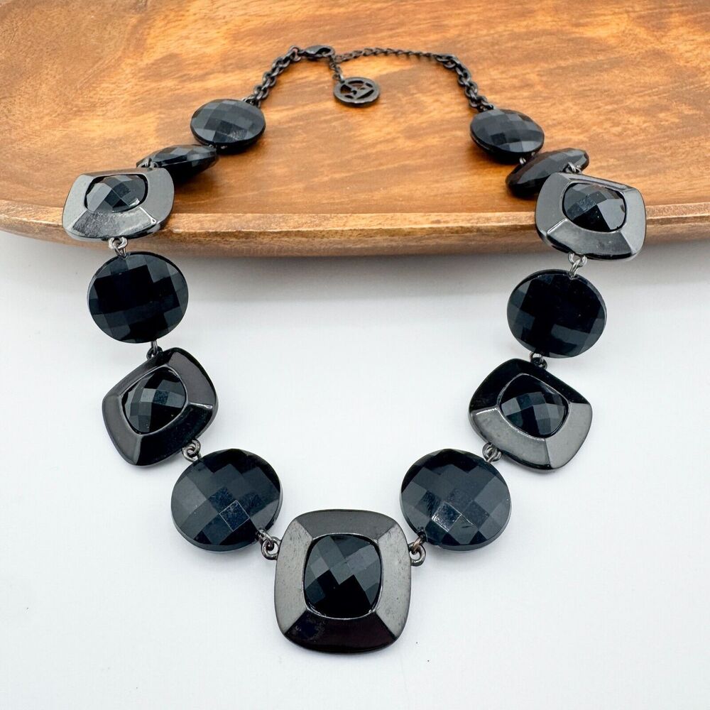 Vintage Black Faceted Beads Square Round Chain Necklace Monochromatic Retro